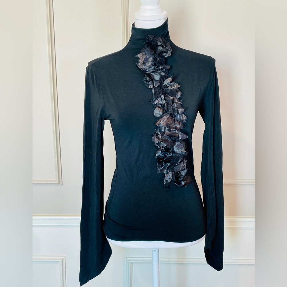 Isbel De Pedro 6 Black Stretch Turtleneck Floral Ruffle Couture Quiet Luxury